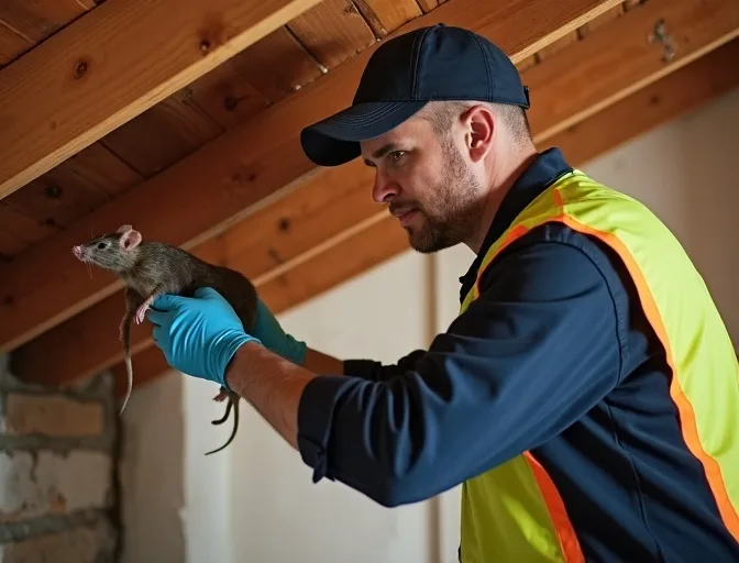 Technician inspecting a roof cavity for a dead rat in Nar Nar Goon